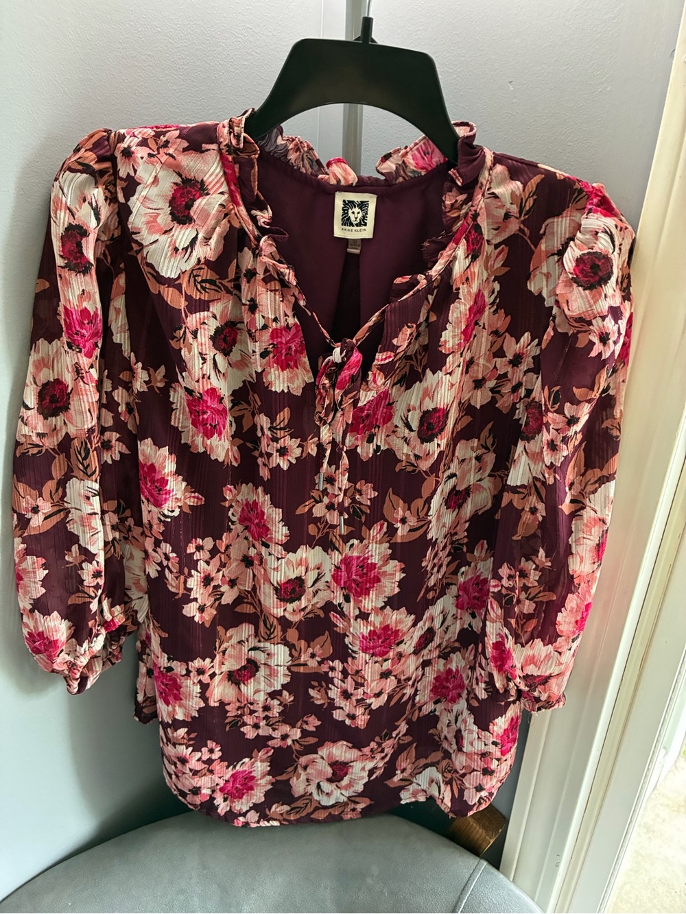 Anne Klein Burgundy Floral Print Ruffled Neck Blouse